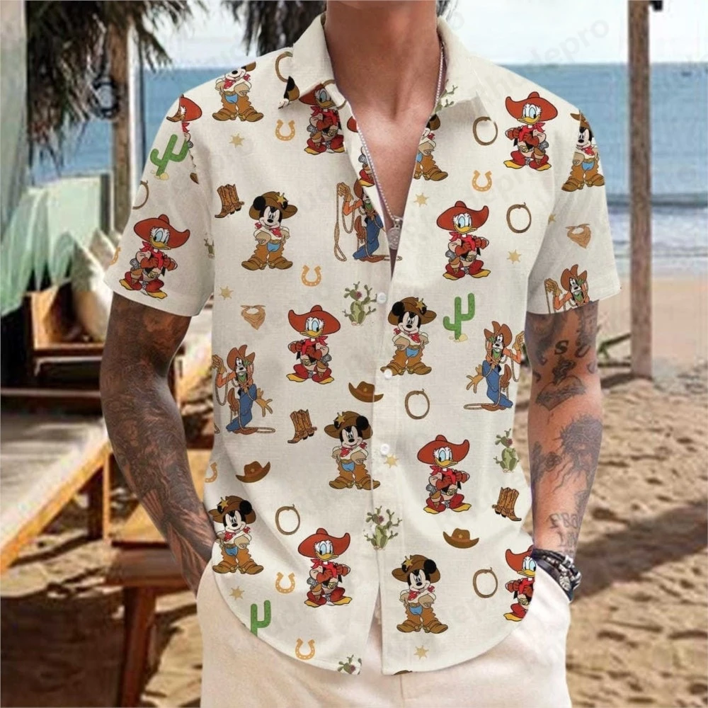 

Disney Summer New Mickey and Friends Western Cowboy Hawaiian Shirt 3D Print Hip Hop Men Women 2025 Button Short Sleeve Shirt