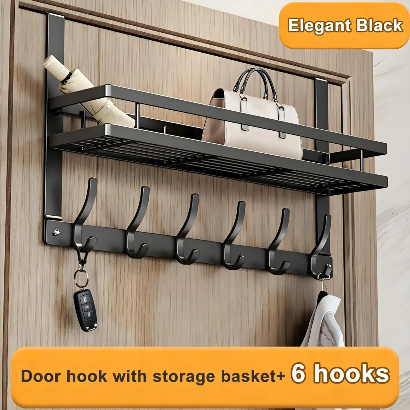 

Over The Door Organizer with Basket and Hooks Heavy Duty Carbon Steel Hanger Door Towel Rack for Clothes Bag Key Robe Coat Towel