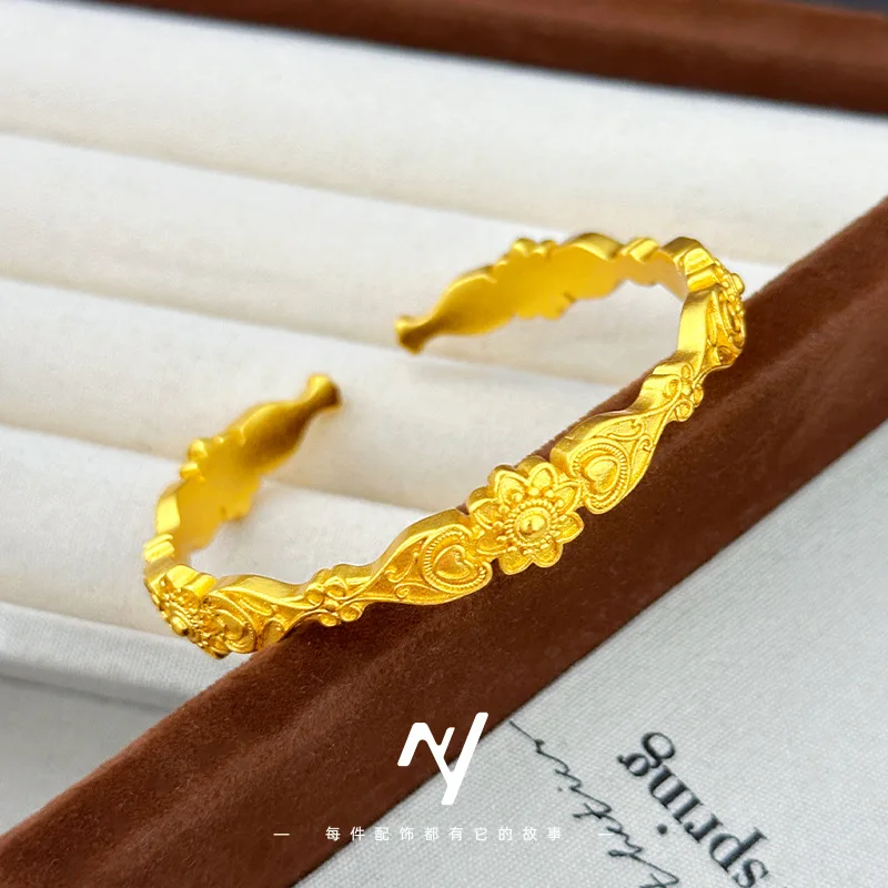 

Women's 9999 24K Real Gold Ancient Open Ethnic Style Tang Grass Pattern Sunflower Bracelet