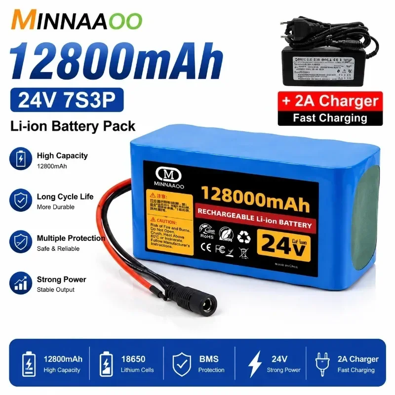 MINNAAOO 24V 12800mAh Lithium Battery Pack 7S3P 18650 Li-ion Rechargeable Battery with BMS and 2A Charger
