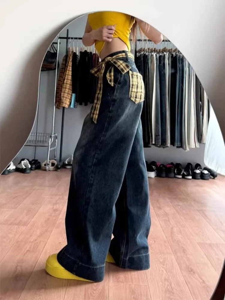 

Retro American Plaid Belted Splicing Jeans Women's Spring Summer New High Waist Loose Slim Wide Leg Floor-Length Pants