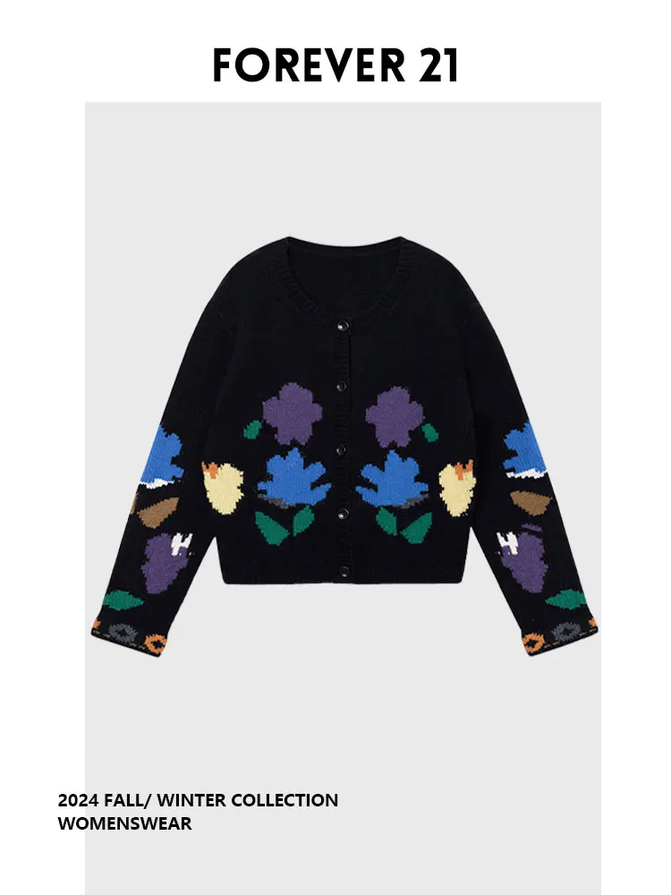 

Forever 2, морской вязаный свитер с цветочным принтом, круглый открытый кардиган, женский топ, длинный свек, осенний ...