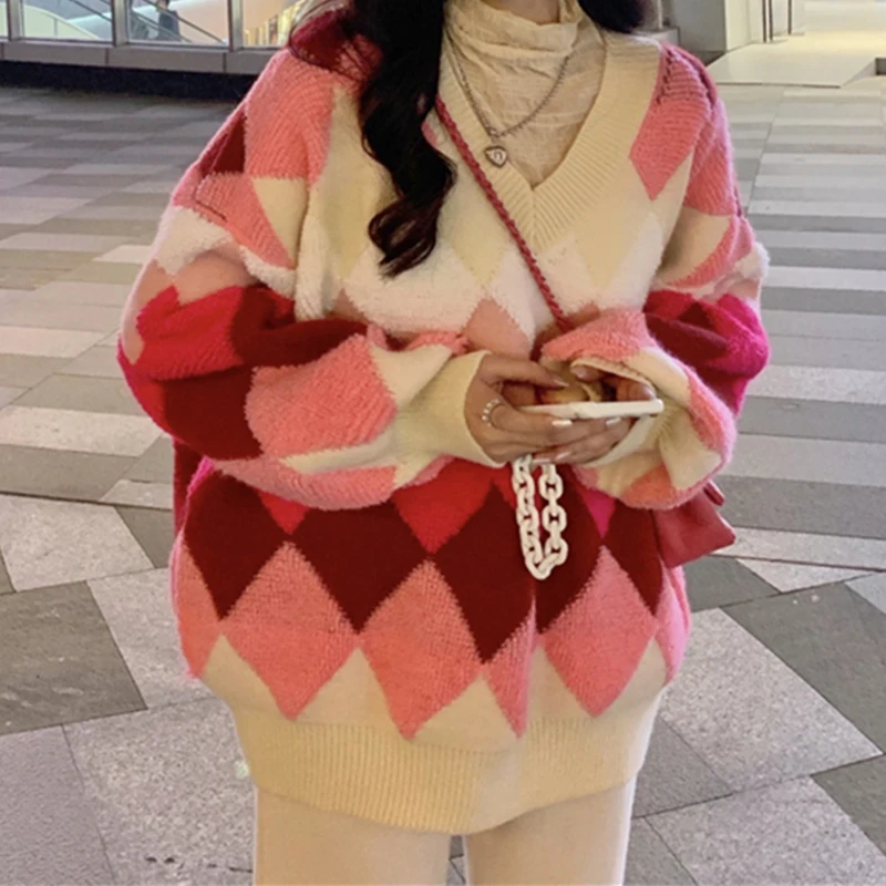 Women Red Plaid Pullover Sweater Aesthetic Y2k Elegant Vintage Long Sleeves Checked Knitted Jumper Sweater 2000s Clothes Autumn