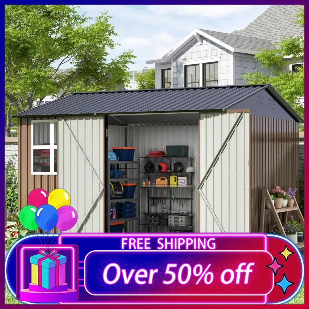 

10x10 FT Outdoor Storage Shed, Large Metal Tool Sheds with Updated Frame Structure and Lockable Doors, Garden Shed for Backyard