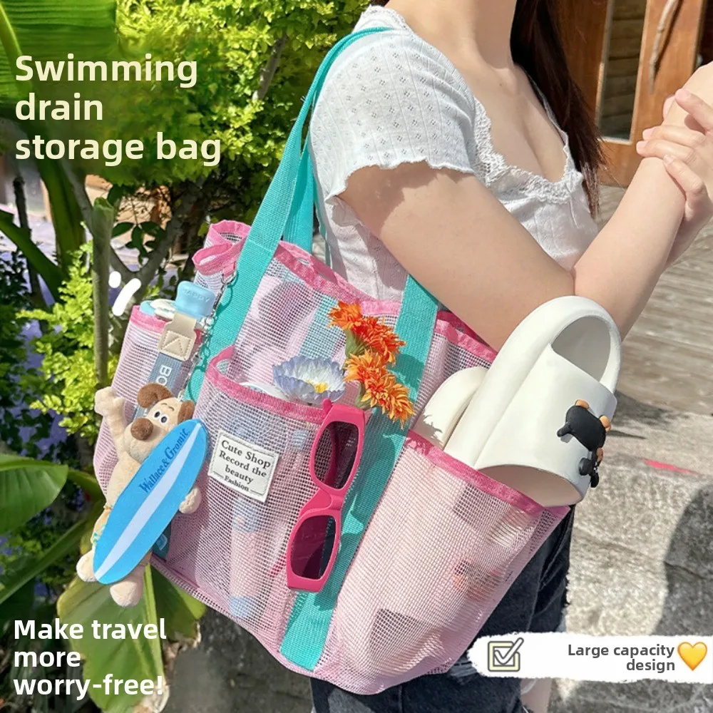 Mesh Swimming Handbag Large Capacity Beach Tote Gym Wash Bag Travel Swimsuit Storage Mesh Shower Pouch for Daily Outdoor Use