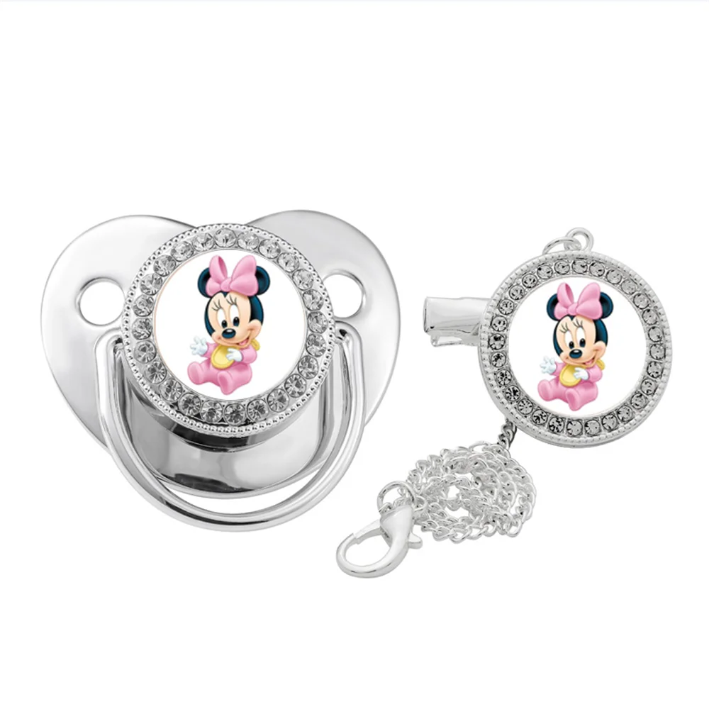 Pink Minnie Mouse Bling Baby Pacifier for Newborn Babies Rhinestones Disney Characters Print Pacifier Clips Dummy Holder Babies