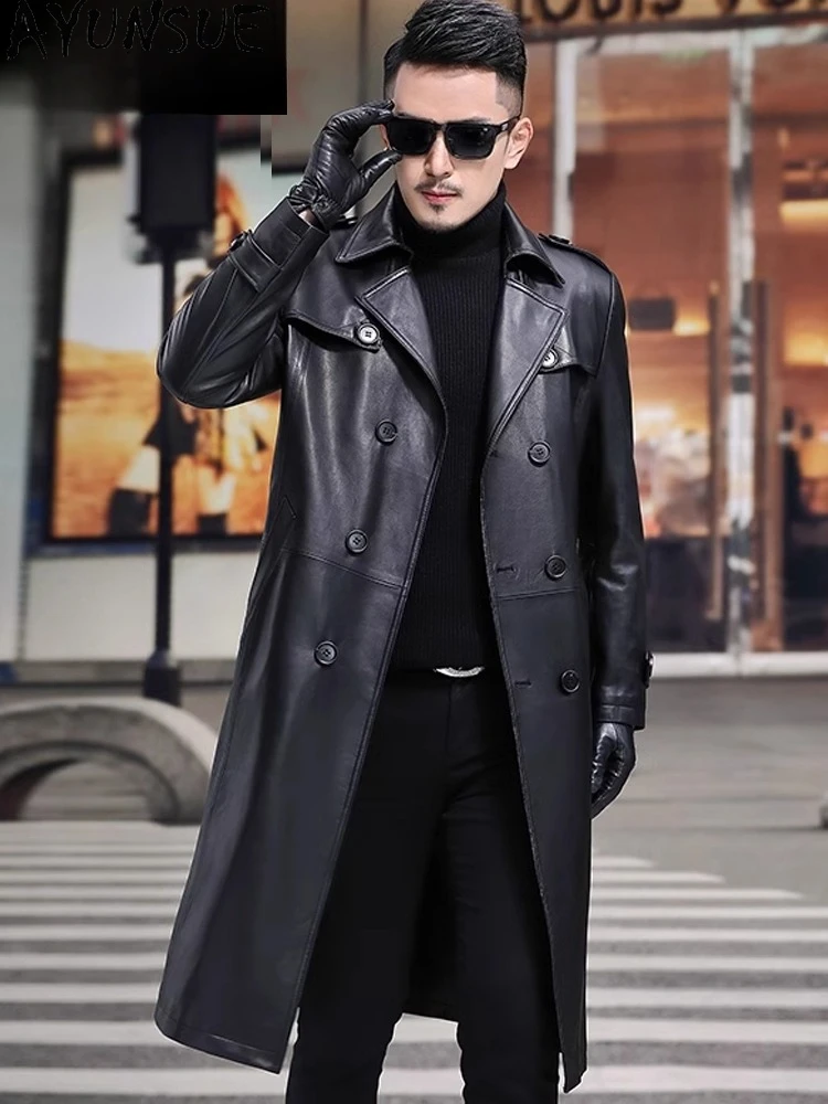 

Tcyeek Real Leather Jacket Men Mid-length Trench Coat for Man Winter Autumn Clothes Sheepskin Leather Coats Jaqueta De Couro