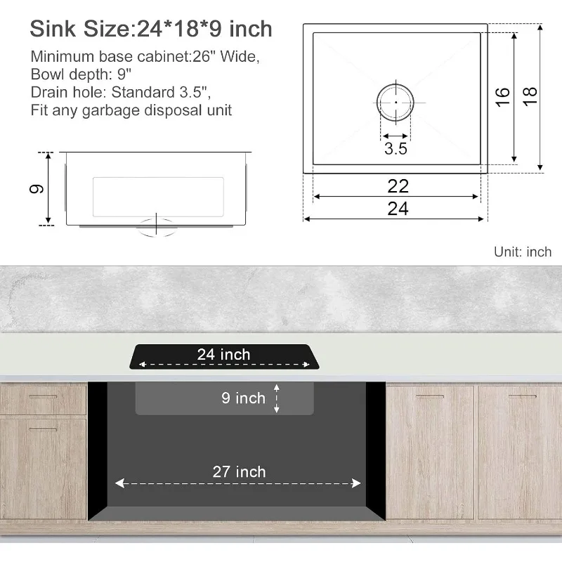 MENATT 24-дюймовая кухонная мойка под креплением, кухонная мойка ручной работы из нержавеющей стали SUS304 с ситом для раковины, 24 x 18 x 9 дюймов