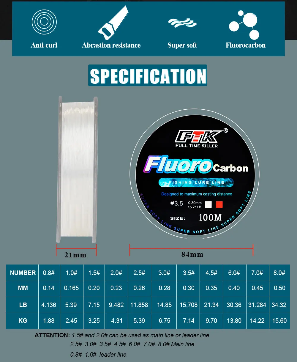 FTK 100M Fluorkohlenstoff Beschichtung Angelschnur 4,13 LB-34,32 LB Carbon Faser Monofilament Vorfach Linie Karpfen Angeln Sinkende Linie – Detail 2