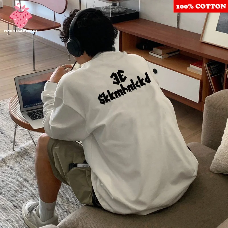 

Мужская футболка с буквенным принтом, новинка 2023 года, осень, 100% хлопок, большие размеры, белая футболка с круглым вырезом и длинными рукавами, свободный топ Y2k, мужская одежда