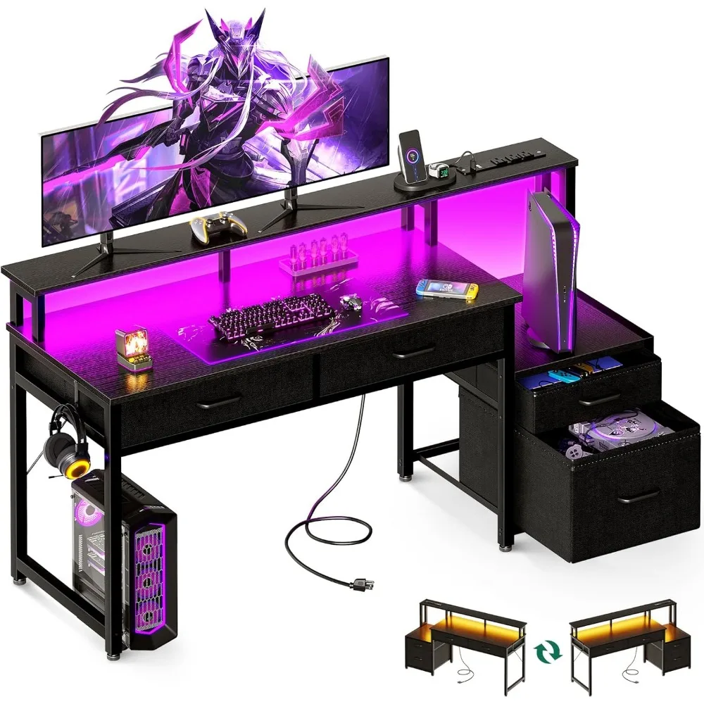 

Computer Desk with Power Outlets and LED Lights, Gaming Desk with 4 Fabric Drawers, Reversible Office Desk with Monitor Riser
