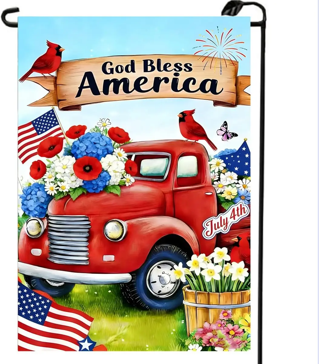 4th of July Garden Flag 12x18 Double Sided, Small Burlap Holiday Summer Truck Independence Day Memorial Day Patriotic God Bl jjp
