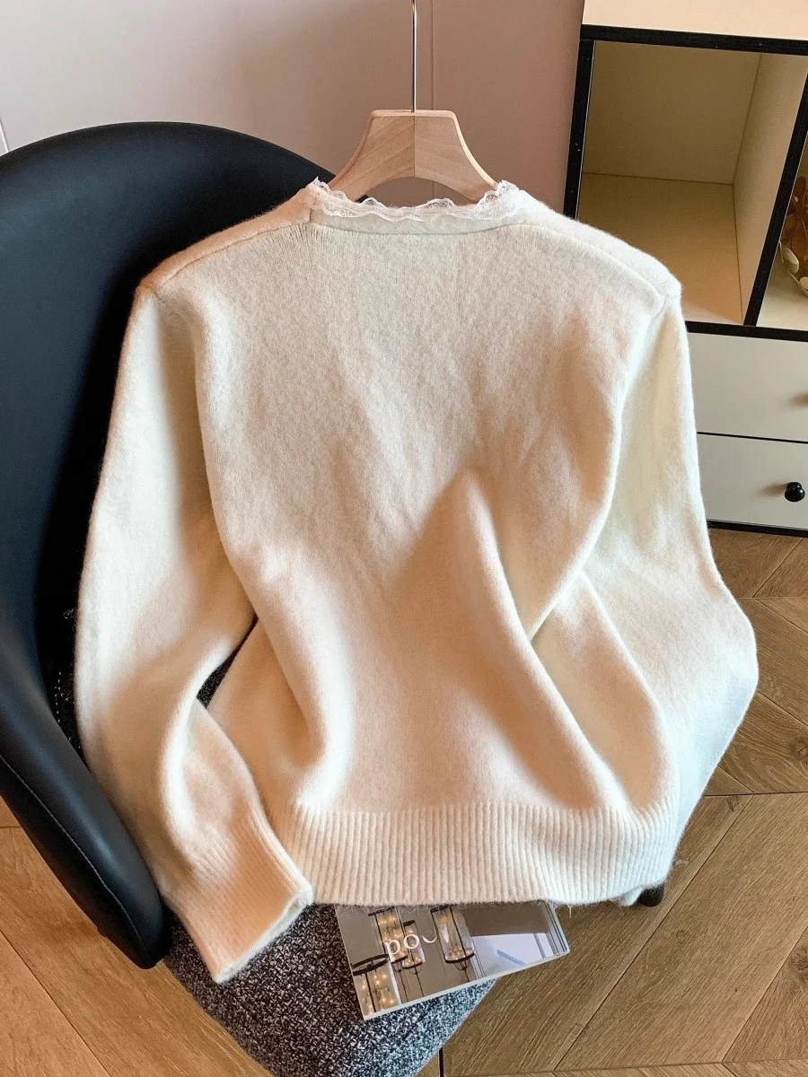 الضوء الأزرق جميلة لصق الدانتيل معقود الخامس على محبوك سترة مفتوحة المرأة الخريف الشتاء حبة زر واحد سترة #4