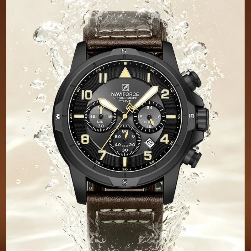 NAVIFORCE Male Stylish Chronograph Wristwatch Quartz Waterproof Genuine Leather Strap Clocks Retro Daily Outdoor Watches for Men view 5