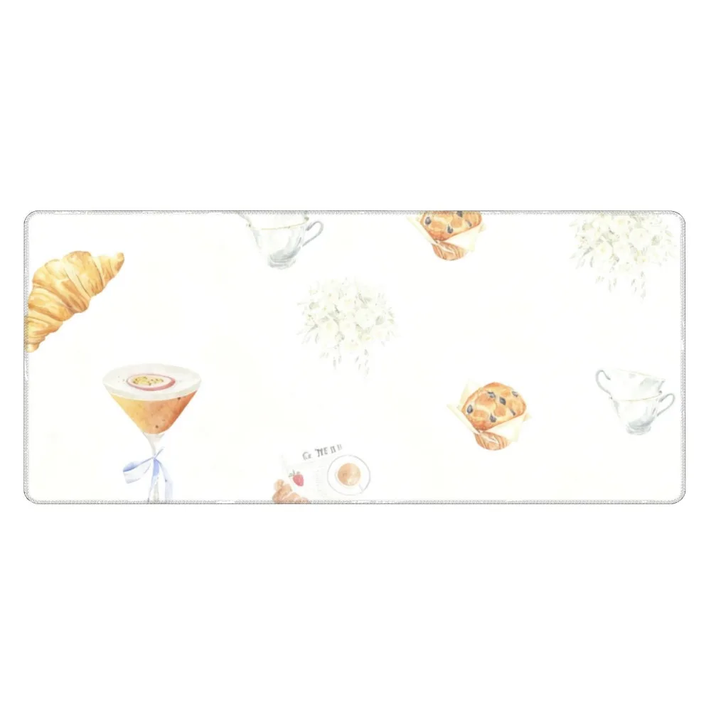 

Watercolor Brunch Pastry Large Mouse Pad, Croissant Coffee Floral Extended Desk Mat