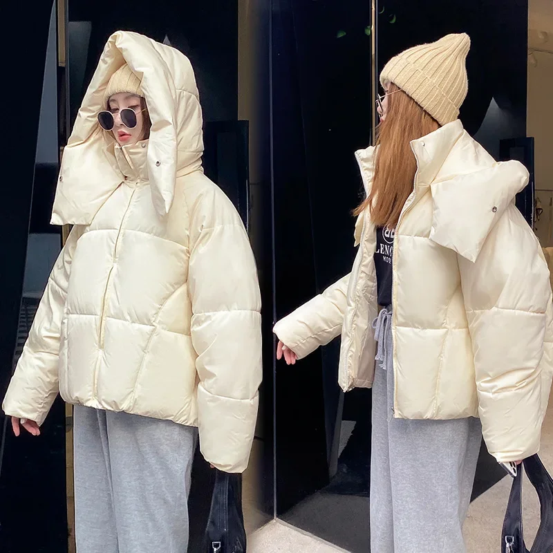 2024 Winter Chic Kapuze Daunen Baumwolle Puffer Parka Mäntel Frauen lose feste verdicken warme Jacke weibliche neue Mode Reiß verschlüsse Outwear