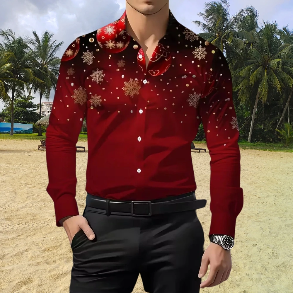 2026 New Christmas Men's Snowflake Tie Print Shirt Button Long Sleeve Festival Autumn and Winter Lapel Shirt Fast Shipping