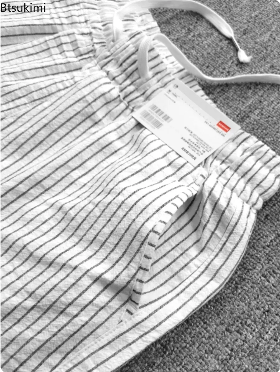 Japanese Style Striped Trousers Washed Seersucker Texture Men's Loose Thin Breathable Trendy Casual Pants Elastic Long Trousers