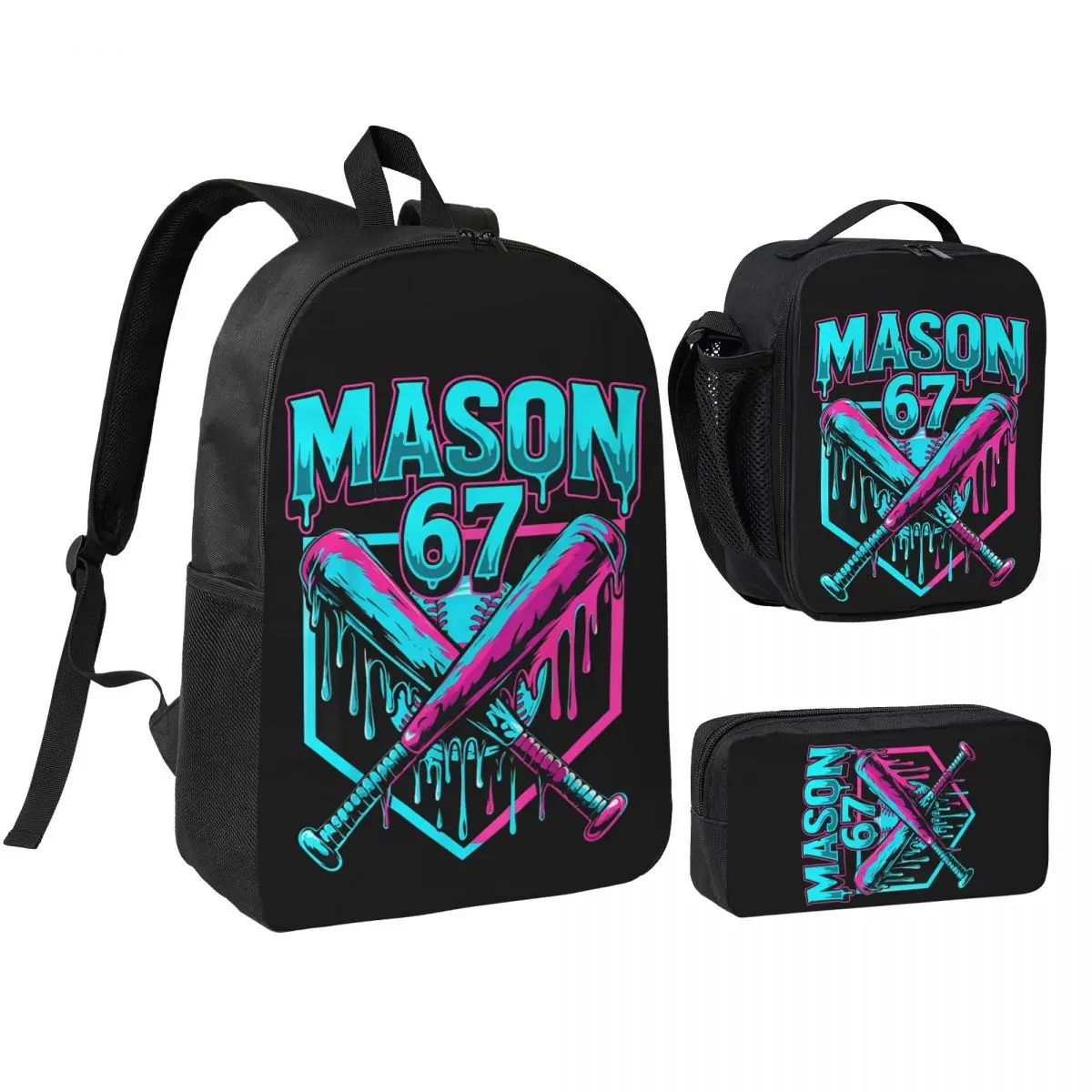 Mason 67 Funny Ice Cream Drip Baseball Meme Graphics 3pecs/set Backpack for Student Canvas Bags Lunch bag Pencil Case