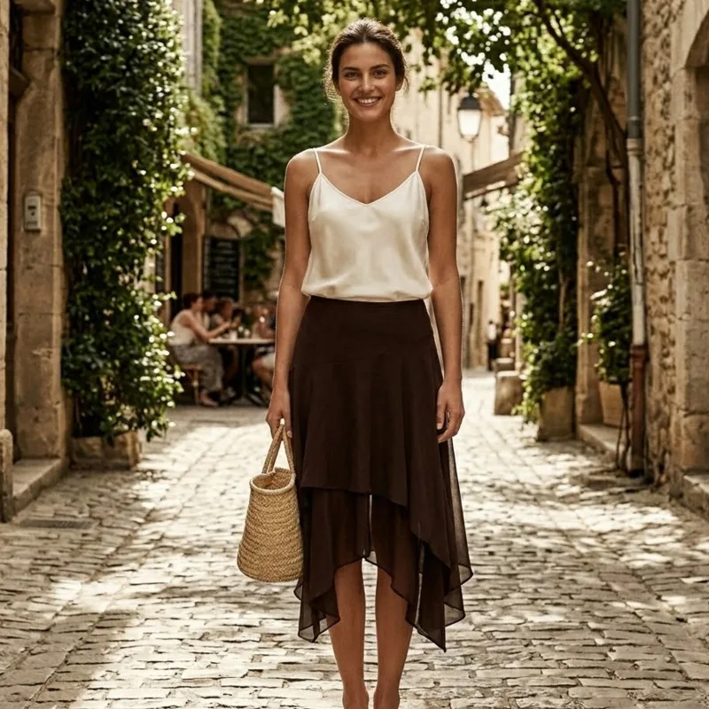 High Waist Irregular Hem Midi Skirt Summer Resort Casual Vacation Beach Boho Fresh Aesthetic For Women Teens Cute Holiday Gift
