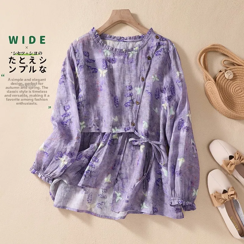 

Художественный хлопок и лен с галстуком Длинный све Асимметричный подол Деревянный воротник больших размеров Женский осенний топ с цветочным принтом