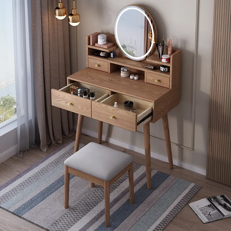 Nordic ash wood solid wood multi-functional dressing table with lamp mirror dressing table