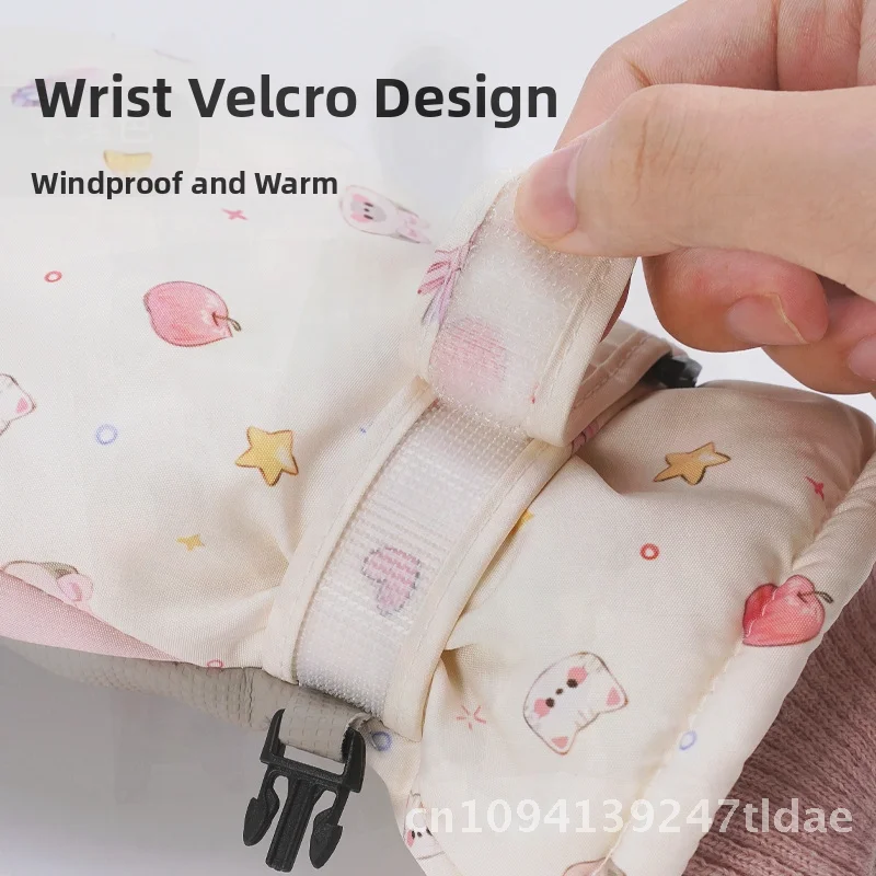 여성을위한 귀여운 새끼 고양이 스키 장갑 겨울 방풍 방수 양털 안감 두꺼운 따뜻한 미끄럼 방지 손가락 야외 사이클링 장갑