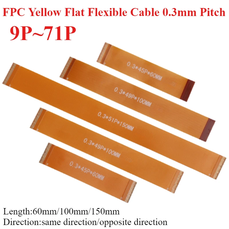 FFC FPC Yellow Flat Flexible Cable 0.3mm Pitch 9/11/13/15/19/21/23/25/29/31/35/39/41/43/45/49/51/61/71P Pin MIPI LCD Screen Line