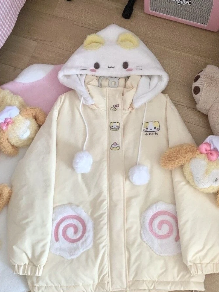 Kawaii Sweet Loose Cotton-padded Jacket Women Warm Lovely Hooded Long Sleeve Embroidery Overcoat Fashion Casual Cat Ear Coat New