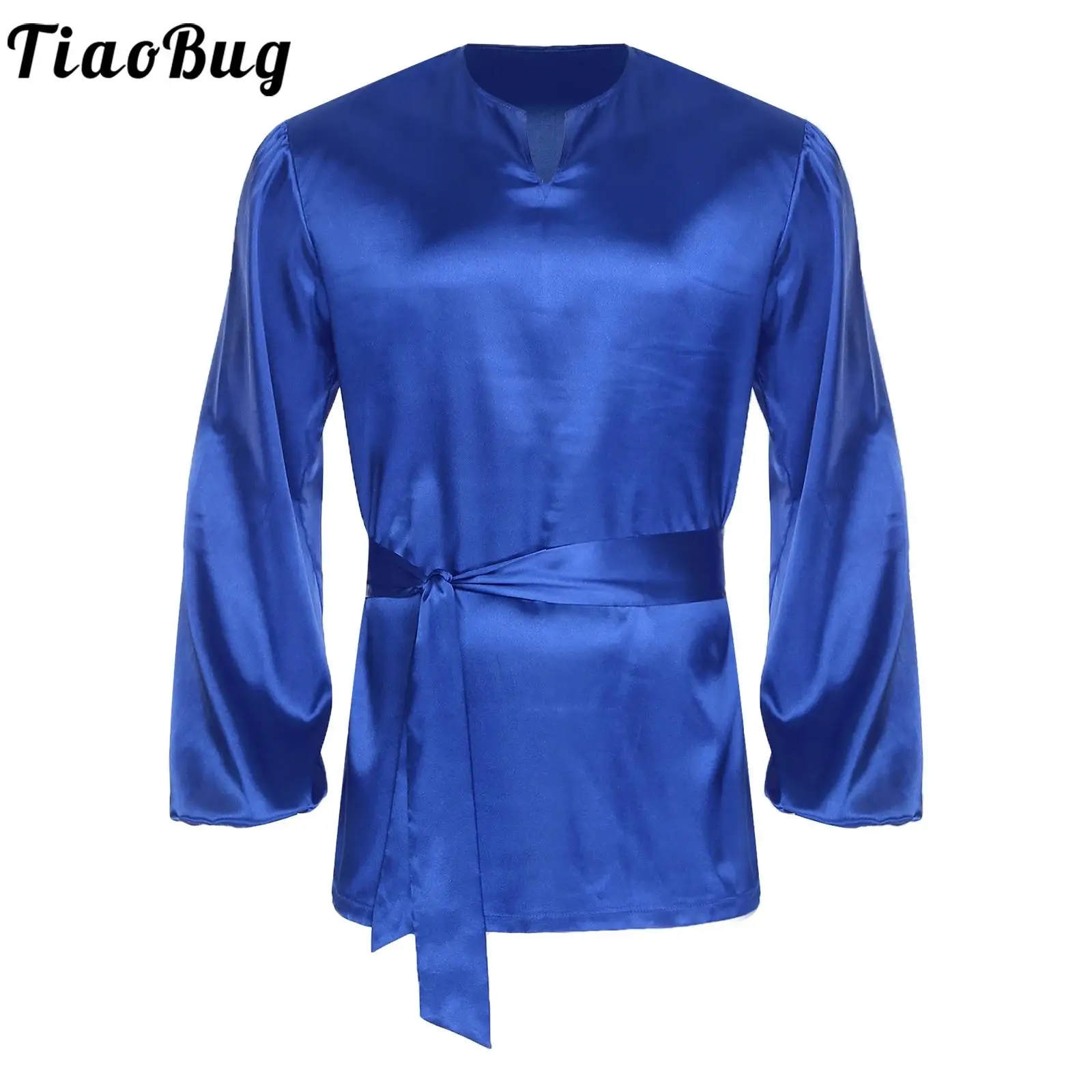 

Men Liturgical Praise Worship Shirt with Belt Satiny Long Sleeve Pullover Loose Blouses Medieval Prince Costume Shirts Dancewear