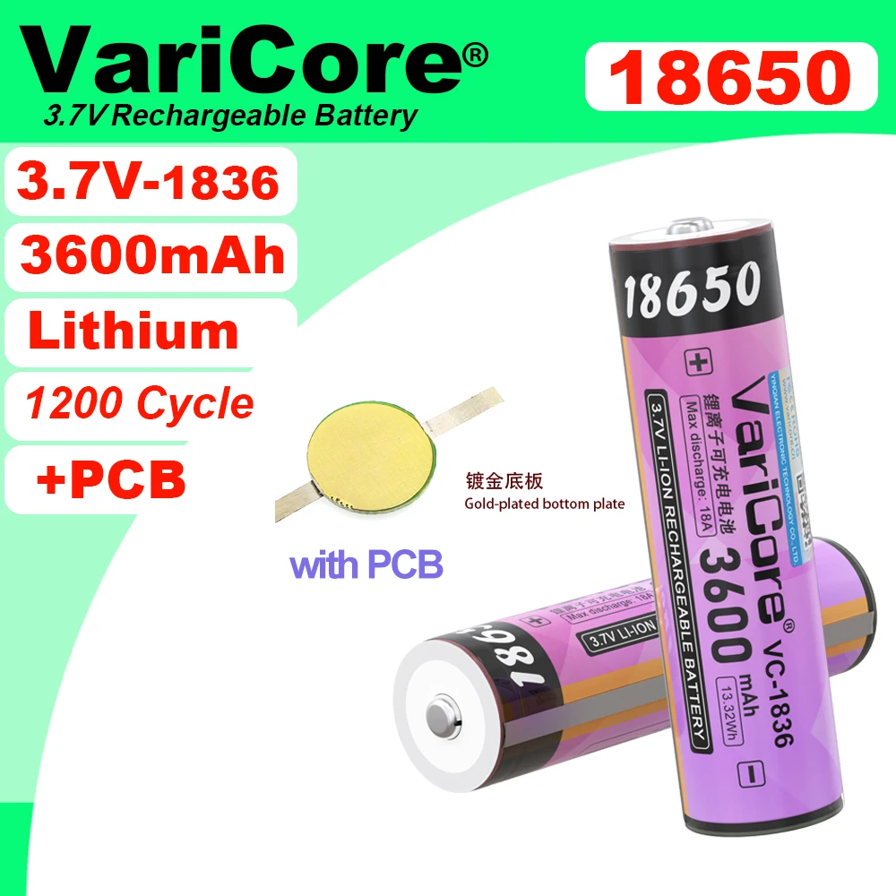 Новая литиевая перезаряжаемая батарея VariCore VC-1836 3.7V 18650 3600mAh с разрядкой 18А и платой защиты (PCB) для фонарей и налобных фар