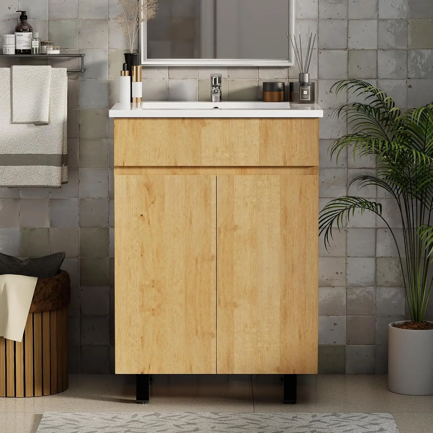 24 Inch Bathroom Vanity with Sink,Modern Freestanding 2-Door Bathroom Sink Cabinet with Soft-Close & Adjustable, Customized