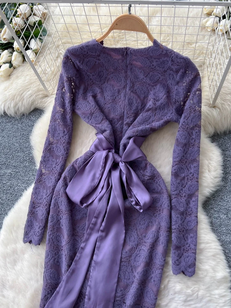 秋冬の女性のエレガントなレースのパーティードレス新しい紫アプリコットファッション長袖ウエストバッグヒップパーティーロングドレス S292
