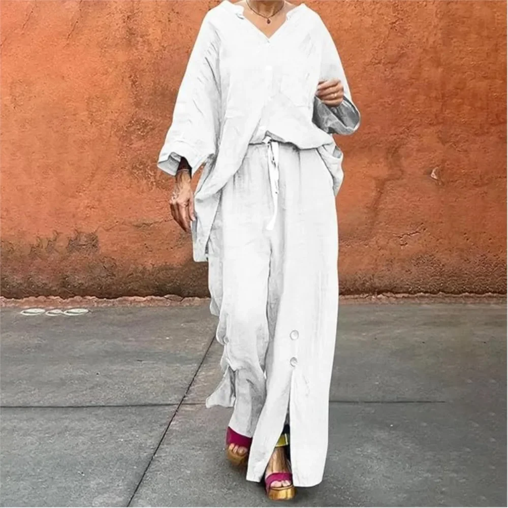 CPSYMYM Fashion Cotton Linen Long-sleeved Shirt Long Pants 2 Piece Set Women's Autumn Casual Loose Wide-leg Split Long Pants Set