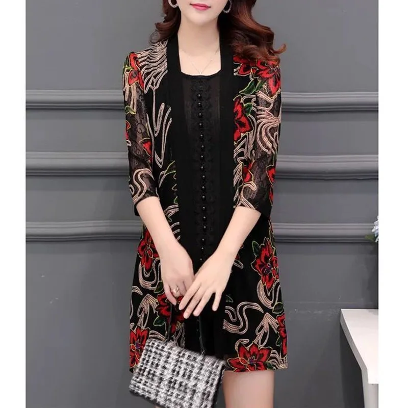 2023 New Fashion Trend Lace Print tre quarti camicia con aria condizionata di media lunghezza capispalla allentata Casual giacca Cardigan semplice