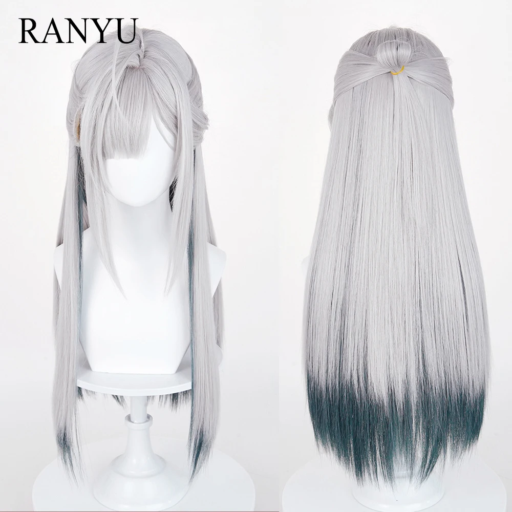 

Grey Ombre Green Synthetic Long Straight Wigs with Bangs Anime Game Cosplay Fluffy Wig for Daily Party
