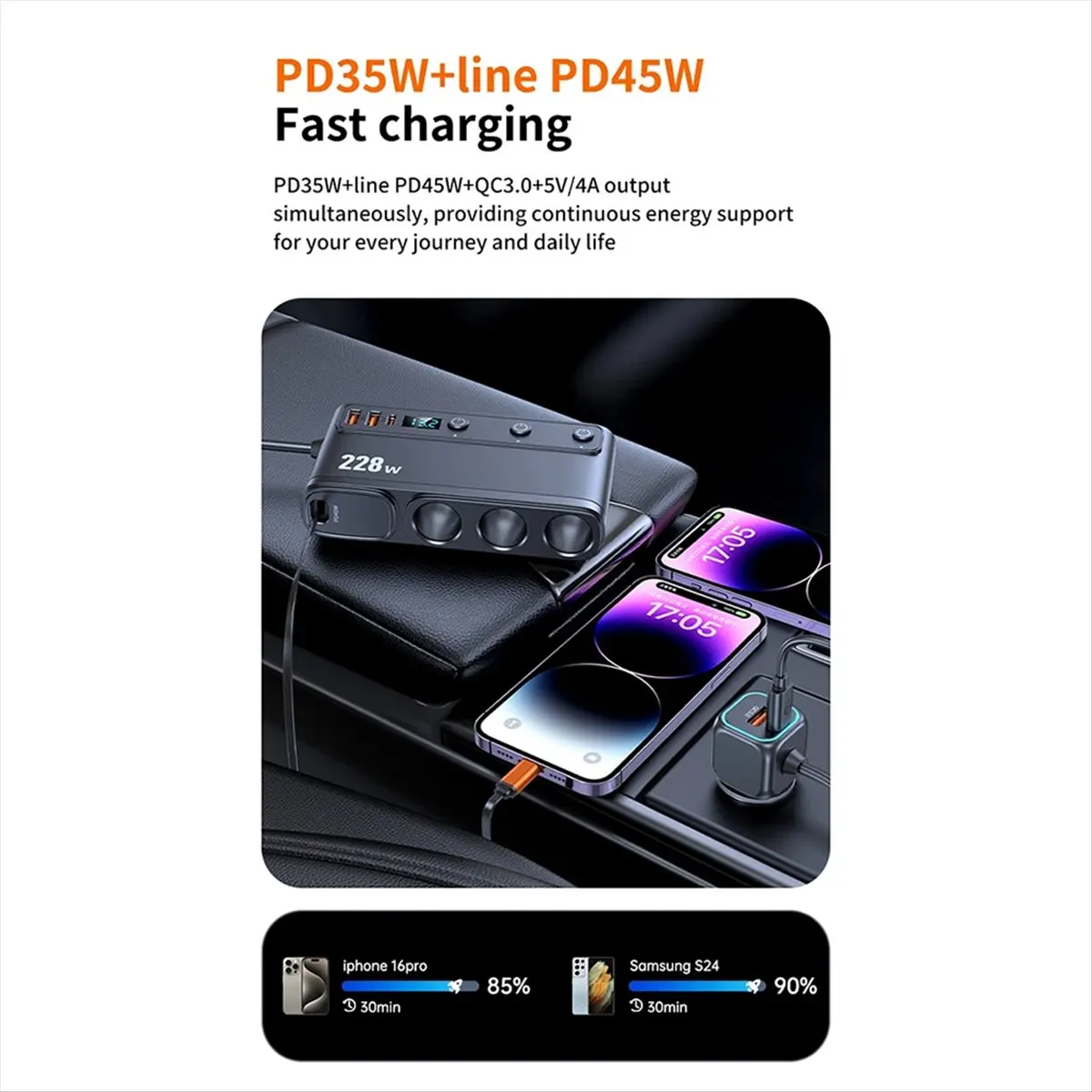 A10R 228W Car Charger Adapter 3-Socket Cigarette Lighter 3-Ports QC3.0 USB Charger with Stretchable PD Type-C Fast Charging