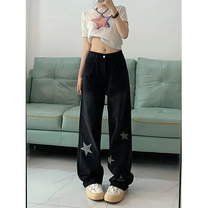 American Retro Star Print Jeans Women High Waist Slim Straight Wide Leg Trousers Button Zipper Pockets Trendy Loose Casual Pants