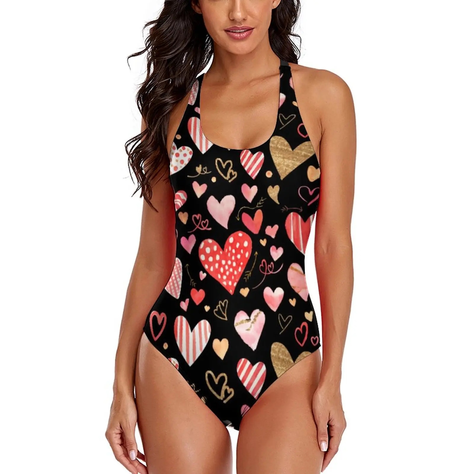 Abstract Heart Print Swimsuit Valentines Day One Piece Swimwear Push Up Monokini Sexy Cross Back Swimsuits Ladies Beach Outfits