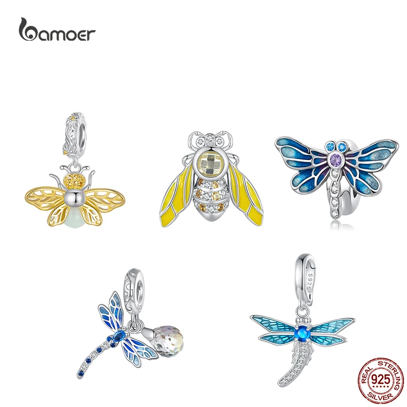 Bamoer 925 Sterling Silver Yellow Bee Glow-in-the-Dark Beads Blue Dragonfly Pendant Charms for Women Anniversary Fine Jewelry