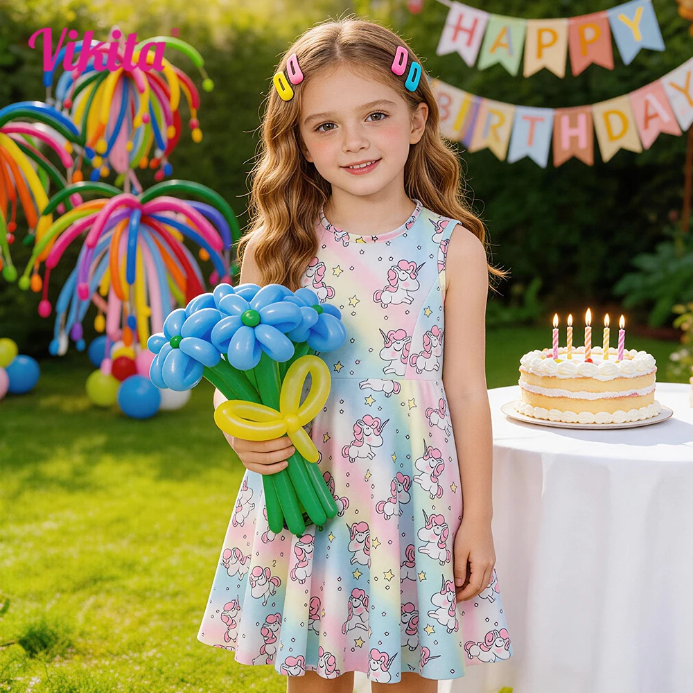 Girls Rainbow Unicorn Star Print Gradient Comfortable Polyester Sleeveless Summer Dress Kids Stage Party Casual Sundress Frocks