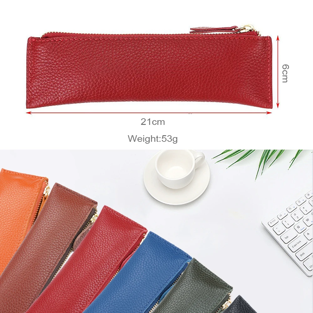 AIGUONIU Genuine Leather Zipper Pen Pencil Case Bag Litchi Embossed Leather Creative School Stationary Leather Pencil case