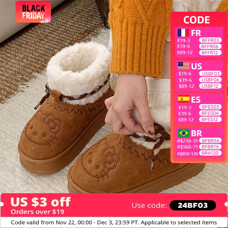 Sanrio Hello Kitty Cute Pompon Lace Up Fur Winter Snow Boots Fluffy Boots Outdoor Short Boots for Women Christmas Birthday Gifts