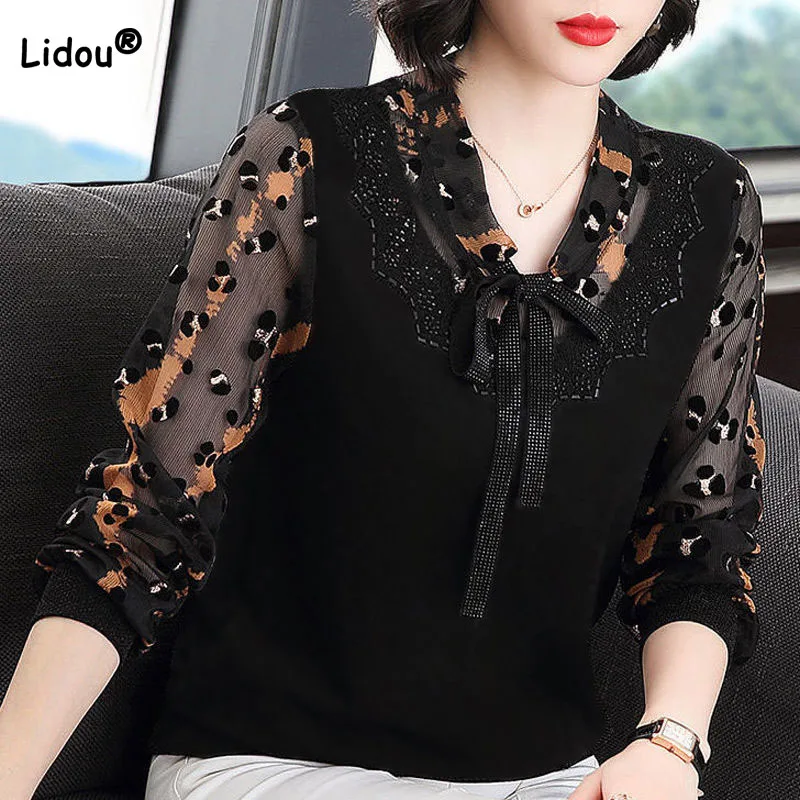 

Elegant Fashion Diamonds Spliced V-Neck Lace Up Tops Women's Clothing Loose Printed Gauze Long Sleeve T-shirt Spring Summer