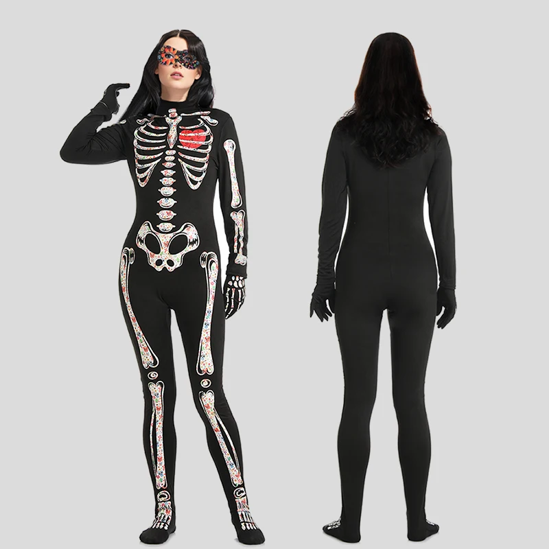 Costumes de fête cosplay d'Halloween pour femmes avec des motifs de crânes colorés, une combinaison, des gants et des accessoires pour les yeux à fermeture éclair au dos