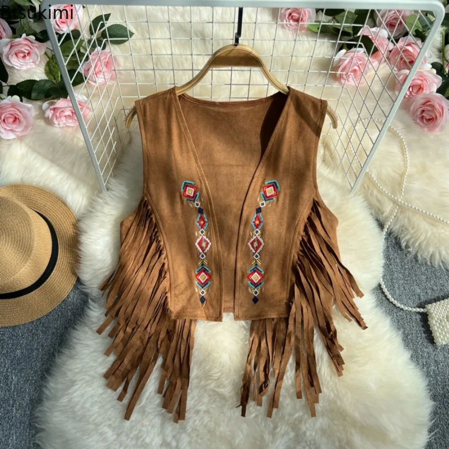 

Bohemian Vests Top Women for Women Geometric Embroidery Tassel V-neck Sleeveless Coats Outwear Casual Retro Summer Waistcoat
