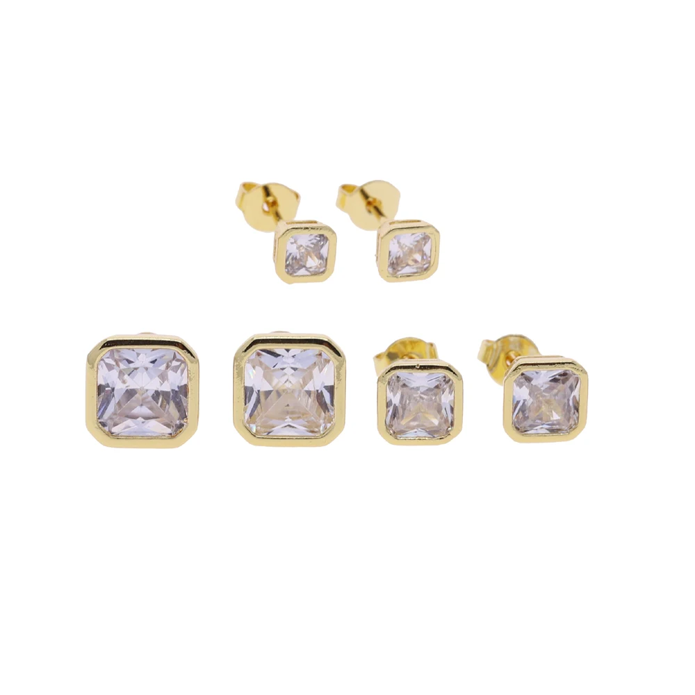 Fashion Women Stud Earrings 3 Different Sizes Geometric Square 5A Bezel Cubic Zirconia CZ Set of 6 PCS