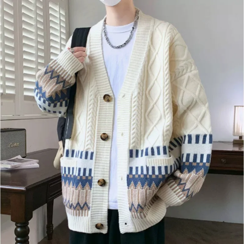 Japanese Cardigan Retro Patchwork V-neck Knitted Sweater Warm Men Women New Fashion Casual Loose Knitwear Jackets Brand Clothing