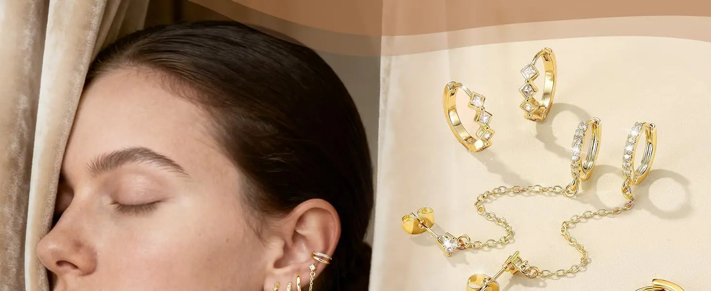 Drperfect 4 Paar kleine Creolen für Damen, 14K vergoldet, trendiges Ketten-Hängeohrring-Set, CZ Creolen, Knorpelohrring-Piercing – Detail 1