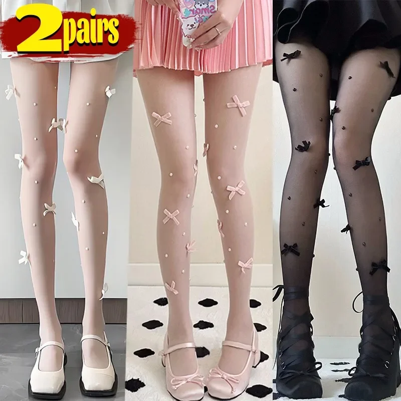 1/2pairs Sexy Bow Lace Tights Bowknot Pearl Hollow Mesh Fishnet Thigh High Stockings Women JK Lolita Sweet Girls Tight Pantyhose